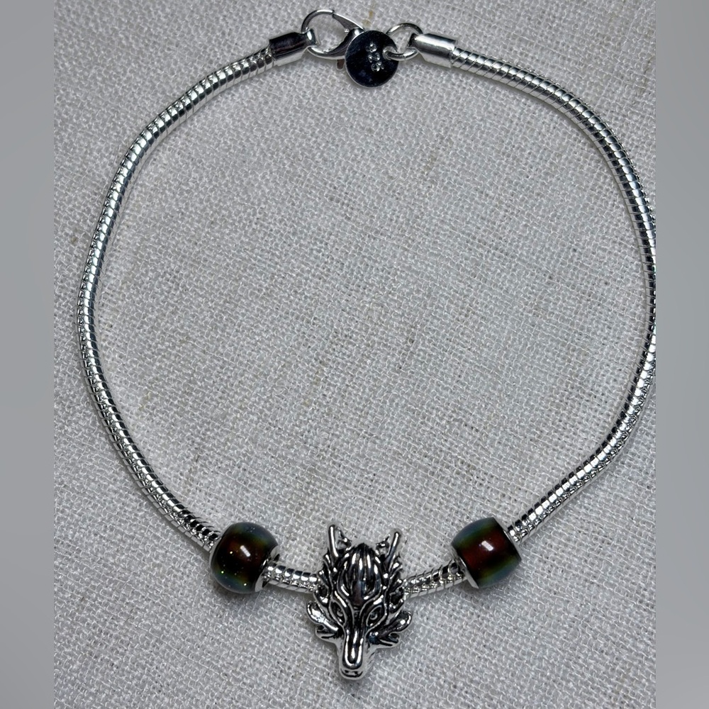 Real 925 Sterling silver men’s/women’s Bracelet,wolf head charm,”mood”beads.7.5”